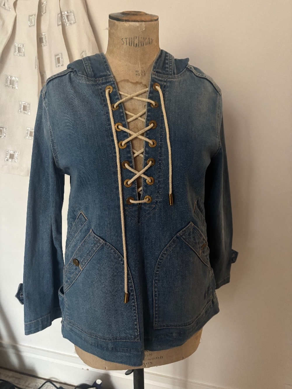 Denim hoodie with lace up detail Tory Burch XS